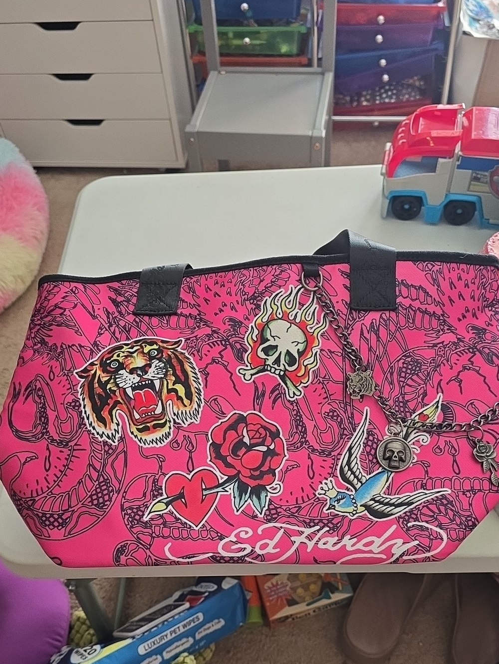 Ed Hardy Pink Tattoo-Motif Tote with Black Handles